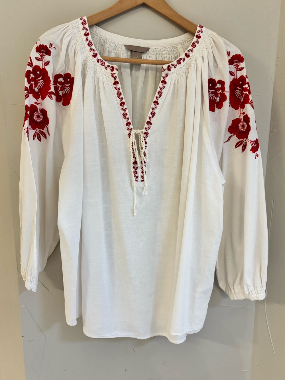 H&M White Peasant with Red Floral Embroidery